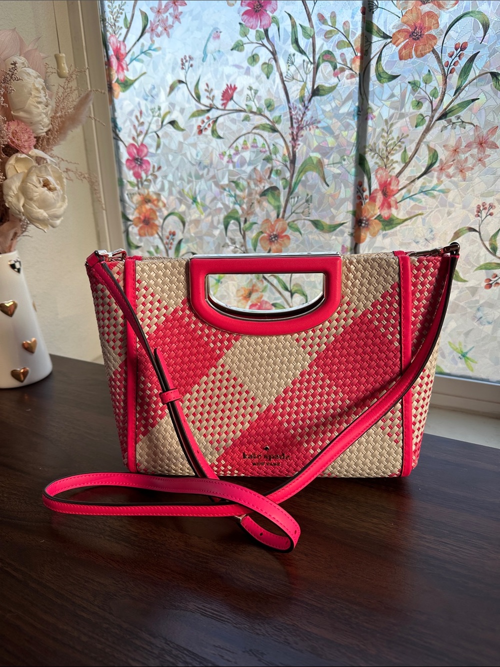 Kate Spade Pink Woven Straw Geometric Satchel Crossbody Bag